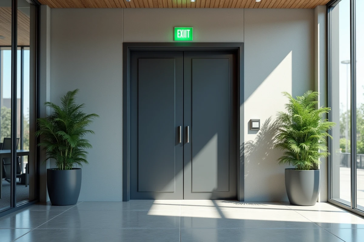 Vue large d'une double porte issue de secours équipée de protège-doigts anti pincement dans le hall d'un immeuble de bureaux moderne