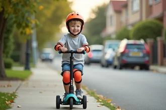 Enfant d'environ 8 ans portant un casque et des protections sur une trottinette dans une rue résidentielle calme