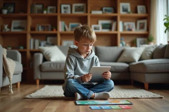 Jeune garçon posant une tablette pour jouer à un jeu de société, symbolisant la déconnexion progressive des écrans