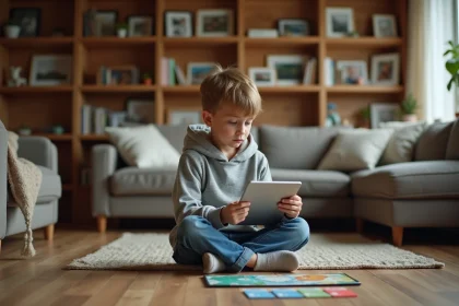Jeune garçon posant une tablette pour jouer à un jeu de société, symbolisant la déconnexion progressive des écrans