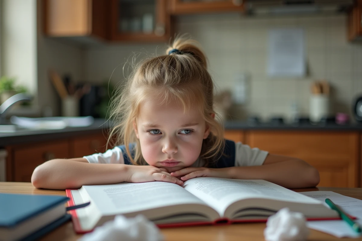 Fillette découragée assise à la table de cuisine face à ses devoirs scolaires avec une expression de fatigue et de désengagement
