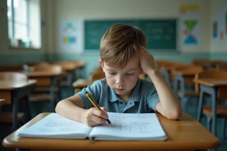 Jeune garçon en difficulté scolaire fixant une feuille de mathématiques avec une expression préoccupée dans une salle de classe