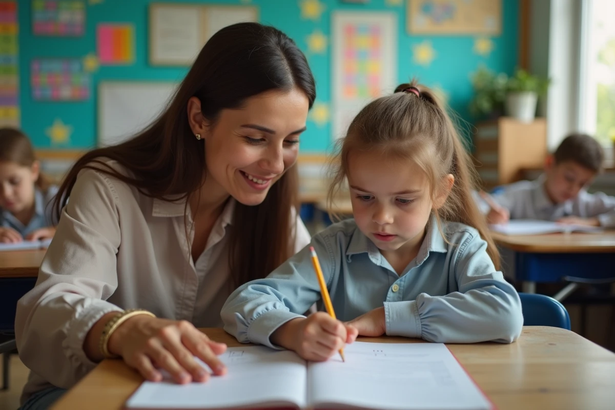 Enseignante aidant un élève en difficulté dans une salle de classe, identifiant un problème d'apprentissage scolaire