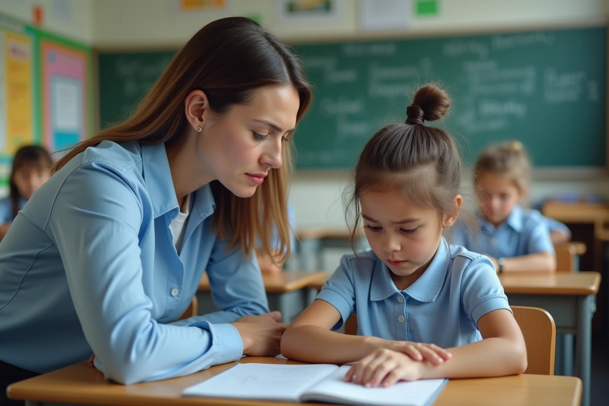 Une enseignante bienveillante aide une jeune élève à gérer son comportement en classe primaire
