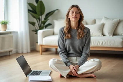 Femme en pause bien-être chez elle, équilibre entre travail et vie personnelle dans un intérieur scandinave