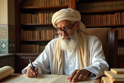 Érudit islamique étudiant des manuscrits généalogiques de la famille du Prophète Mohammed dans une bibliothèque traditionnelle