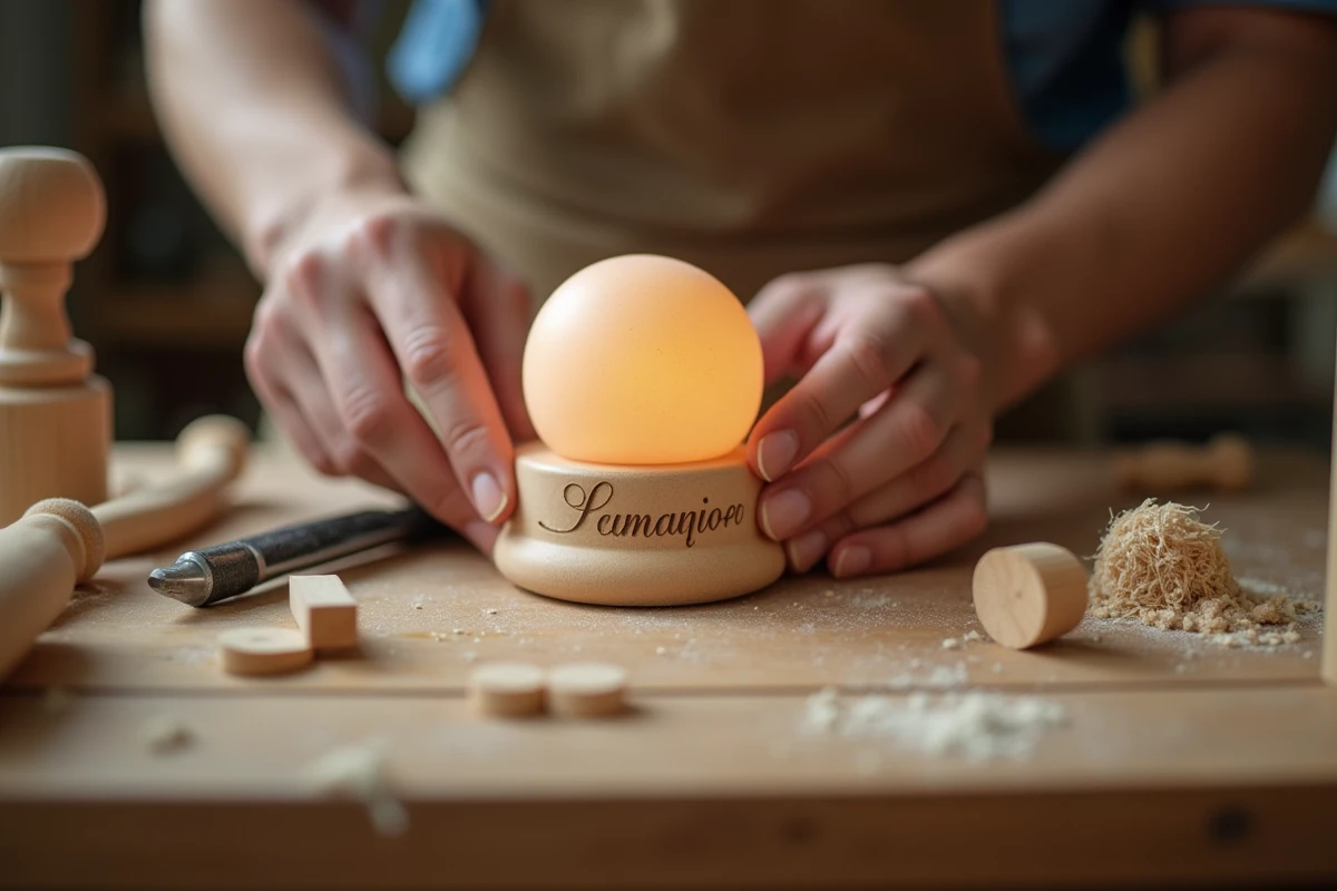 Artisan français gravant le prénom d'un bébé sur une veilleuse en bois personnalisée dans un atelier de fabrication