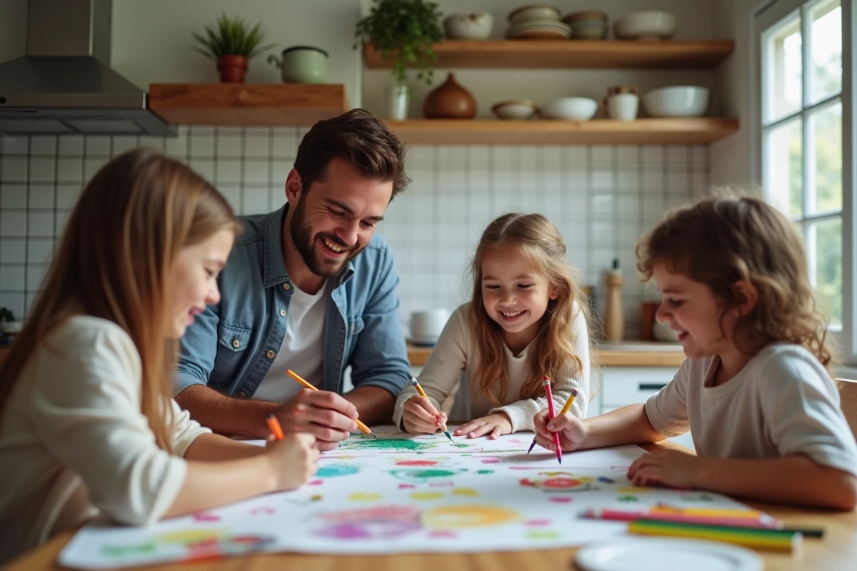 Famille réunie autour d'une table pour faire des activités créatives ensemble, alternative saine et engageante aux écrans