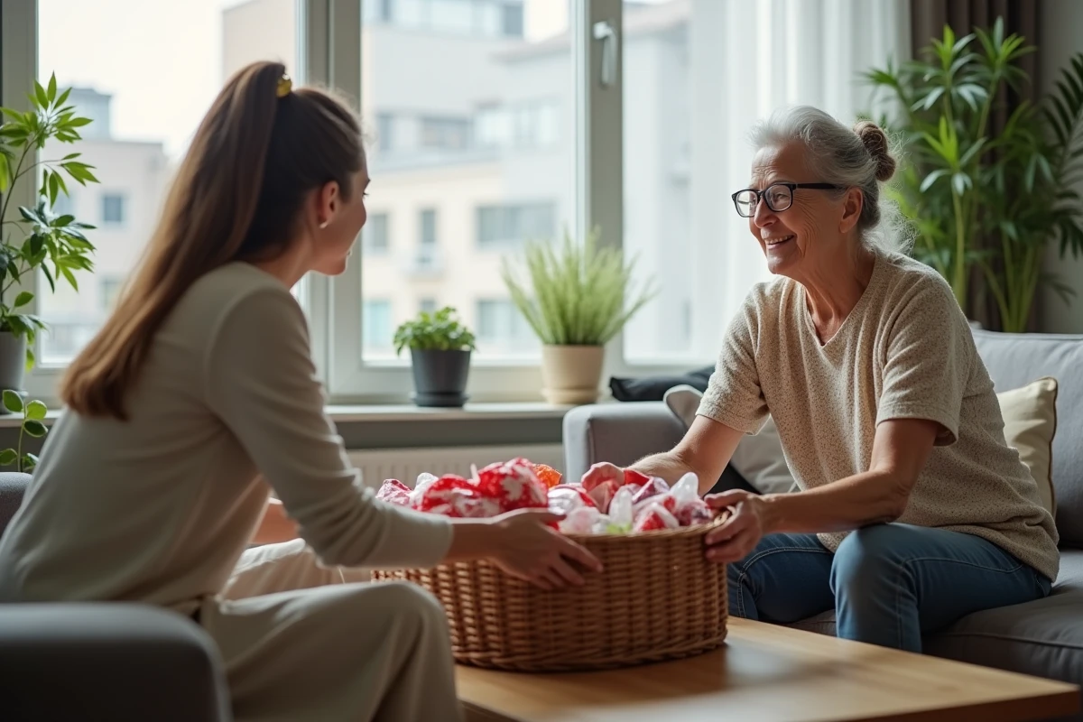 Femme âgée offrant un panier cadeau surchargé à une jeune femme, illustrant la dynamique psychologique du don excessif intergénérationnel