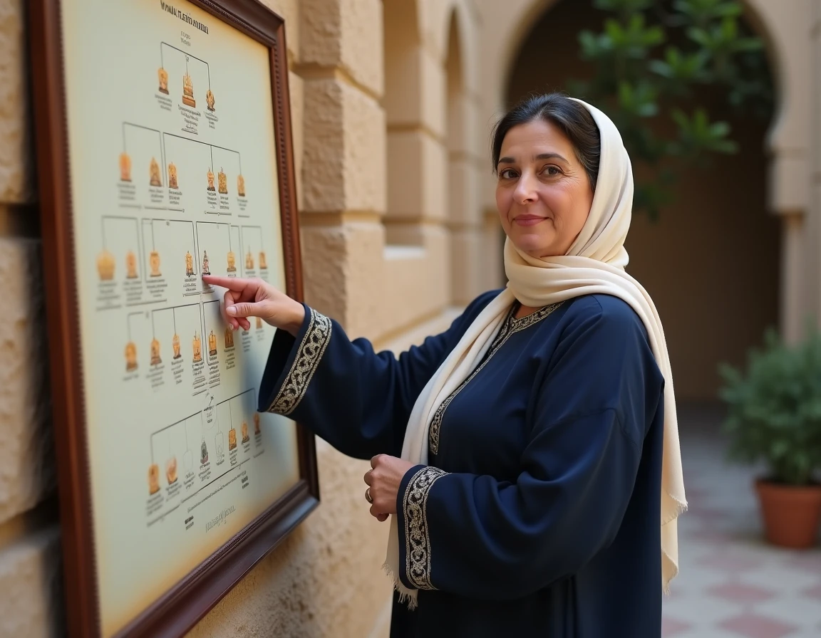 Femme arabe présentant un arbre généalogique de la descendance du Prophète Mohammed sur un mur de pierre historique