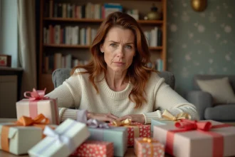 Femme anxieuse entourée de nombreux cadeaux emballés sur une table, illustrant la psychologie du don excessif de cadeaux