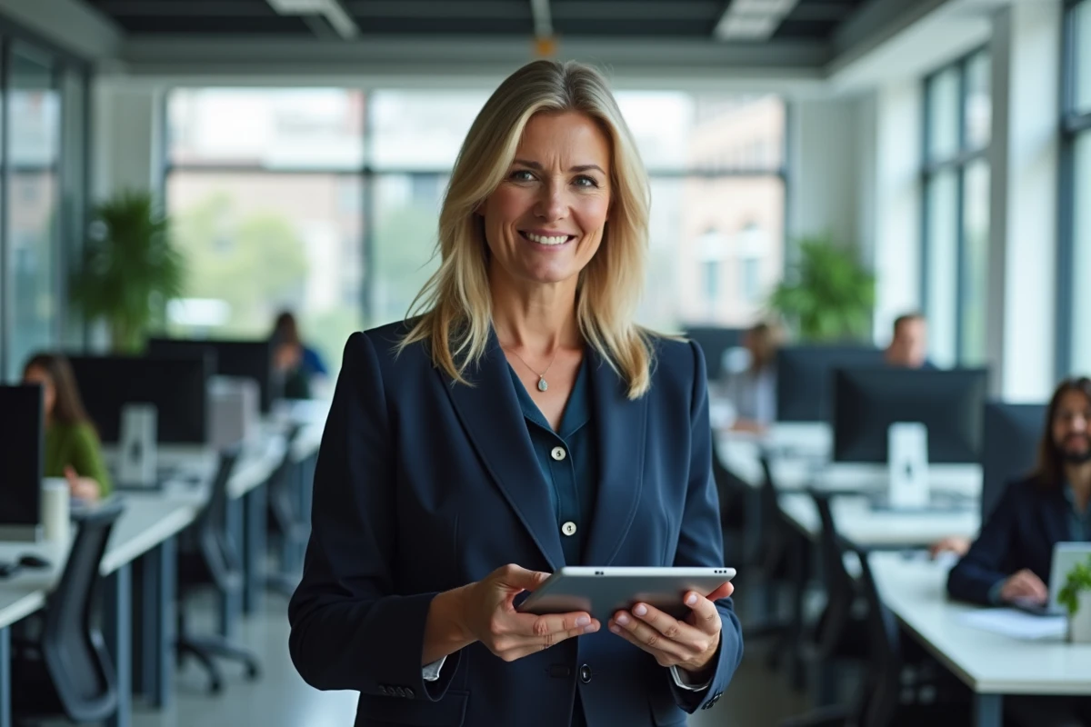 Femme cadre en entreprise tenant une tablette dans un bureau moderne en open space
