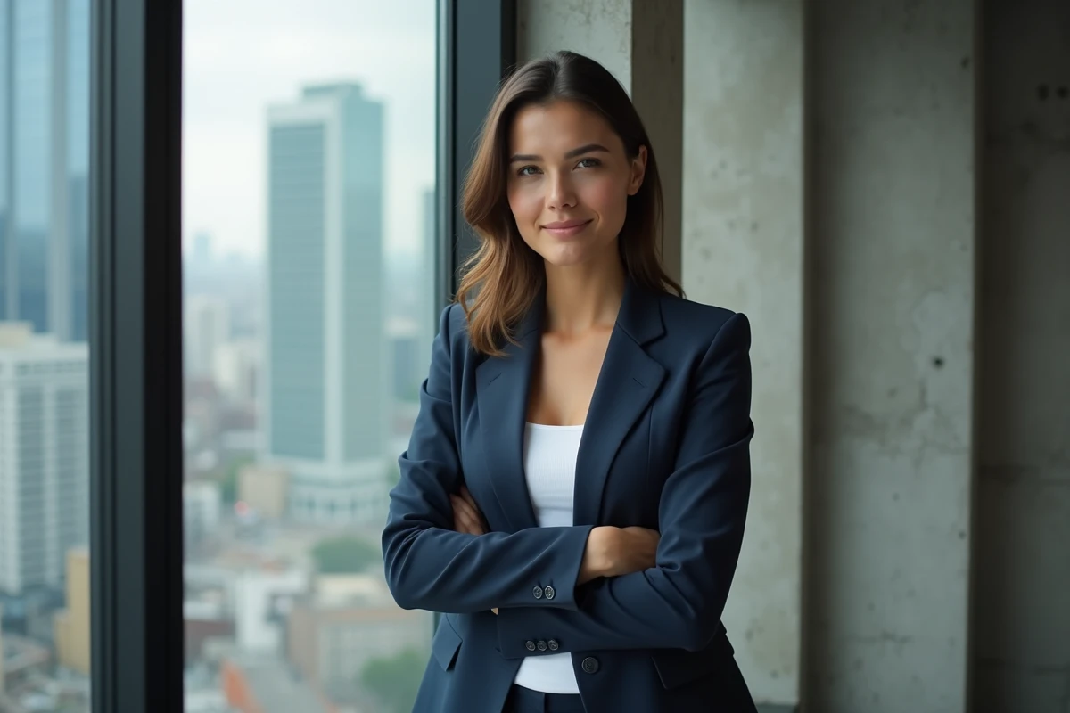 Femme déterminée et confiante devant une fenêtre urbaine, symbolisant la sérénité face aux jugements sur le choix de ne pas avoir d'enfants