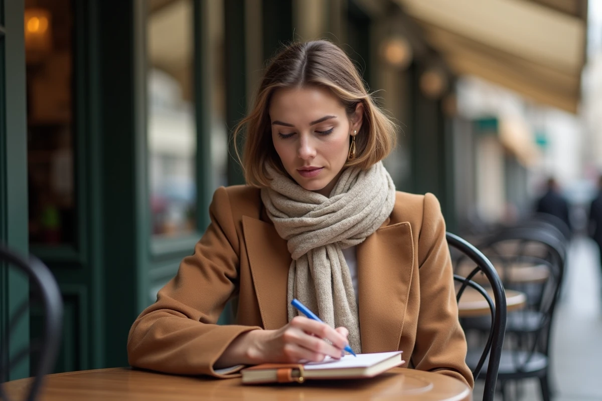 Femme discrète assise en terrasse de café parisien avec un carnet