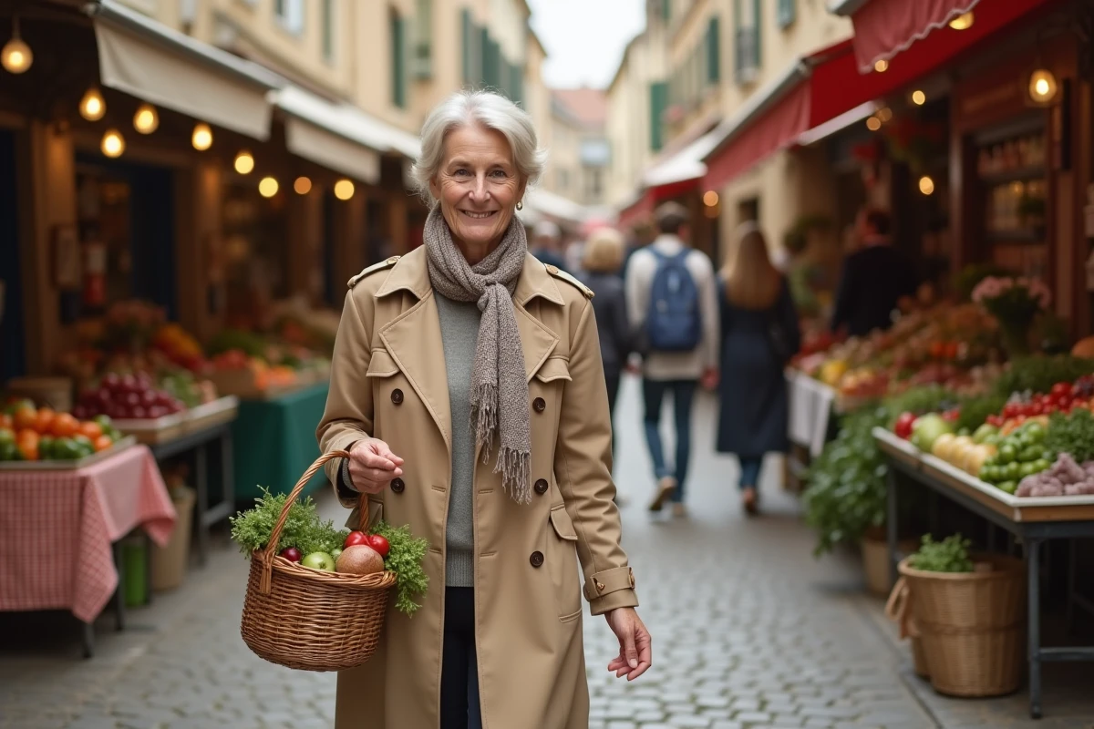 Femme élégante et souriante faisant ses courses dans un marché de village français avec un panier en osier rempli de légumes frais