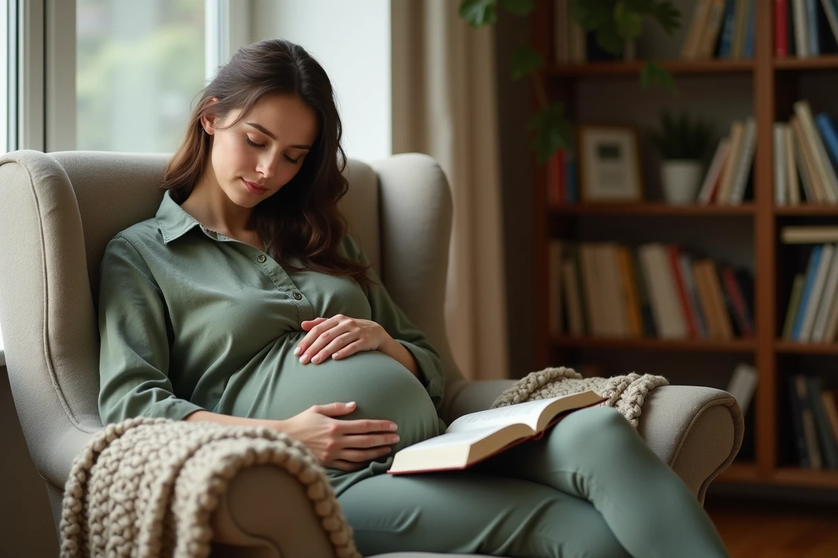 Femme enceinte assoupie dans un fauteuil avec un livre ouvert sur les genoux, atmosphère chaleureuse et naturelle