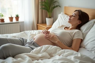 Femme enceinte qui dort paisiblement sur le côté dans un lit blanc, main posée sur le ventre arrondi
