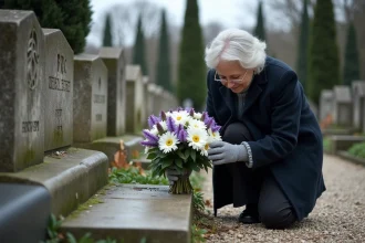 Femme âgée déposant un bouquet de chrysanthèmes blancs et d'asters violets sur une tombe en pleine terre dans un cimetière français en automne