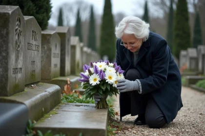 Femme âgée déposant un bouquet de chrysanthèmes blancs et d'asters violets sur une tombe en pleine terre dans un cimetière français en automne