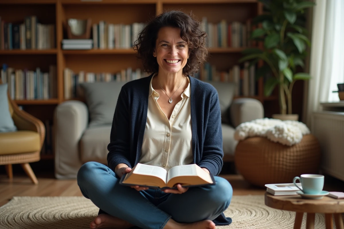Femme lisant la Bible chez elle avec une note manuscrite sur le chiffre 16, dans une bibliothèque personnelle chaleureuse