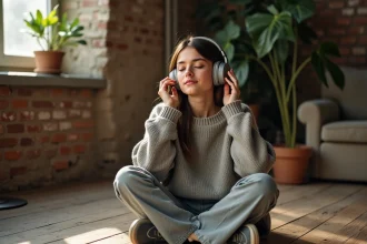 Jeune femme écoutant de la musique au casque dans un salon chaleureux avec des disques vinyle