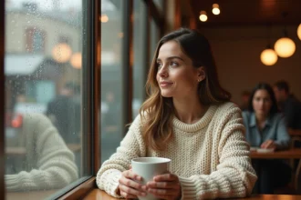 Femme seule dans un café regardant par la fenêtre avec une expression pensive, illustrant les questions intrusives sur la maternité