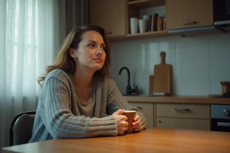Femme pensive assise seule à une table de cuisine, tenant une tasse, regard tourné vers la fenêtre, illustrant la réflexion lors d'une séparation