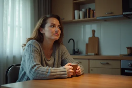 Femme pensive assise seule à une table de cuisine, tenant une tasse, regard tourné vers la fenêtre, illustrant la réflexion lors d'une séparation