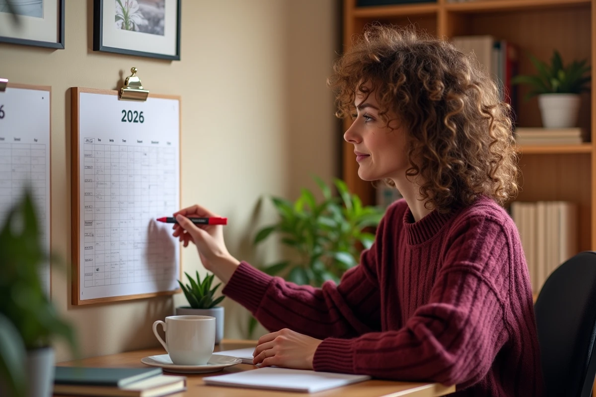 Femme entourant les jours fériés 2026 sur un planning annuel mural dans un bureau à domicile
