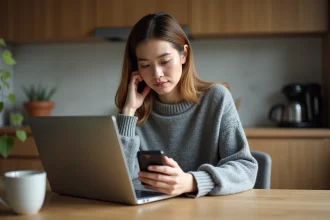 Femme posant son smartphone sur une table en bois pour limiter son temps d'accès à Internet