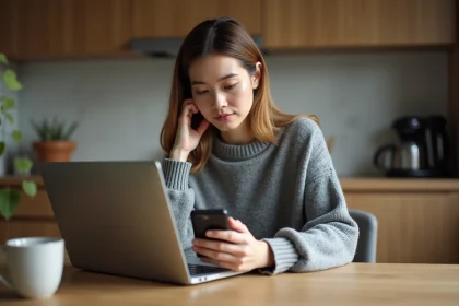 Femme posant son smartphone sur une table en bois pour limiter son temps d'accès à Internet