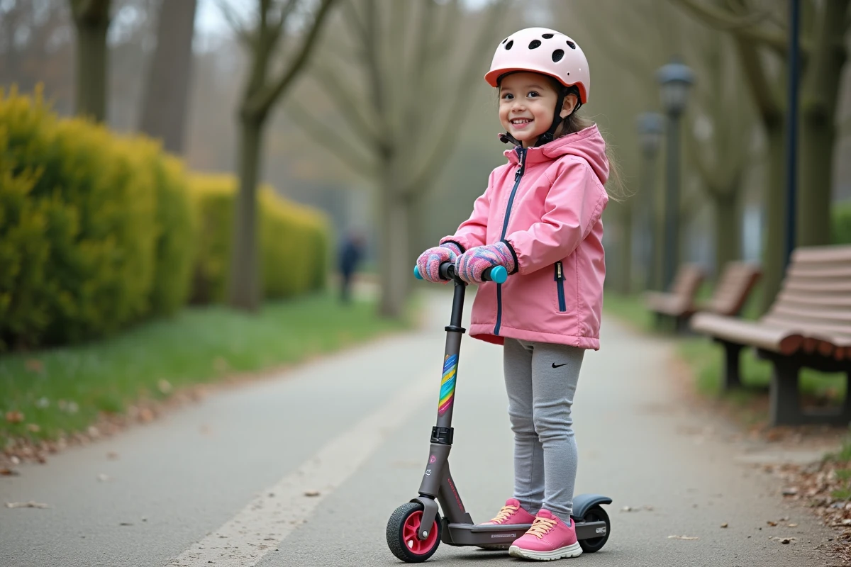 Fillette de 6 ans avec casque homologué et protections poignet debout à côté d'une trottinette dans un parc urbain