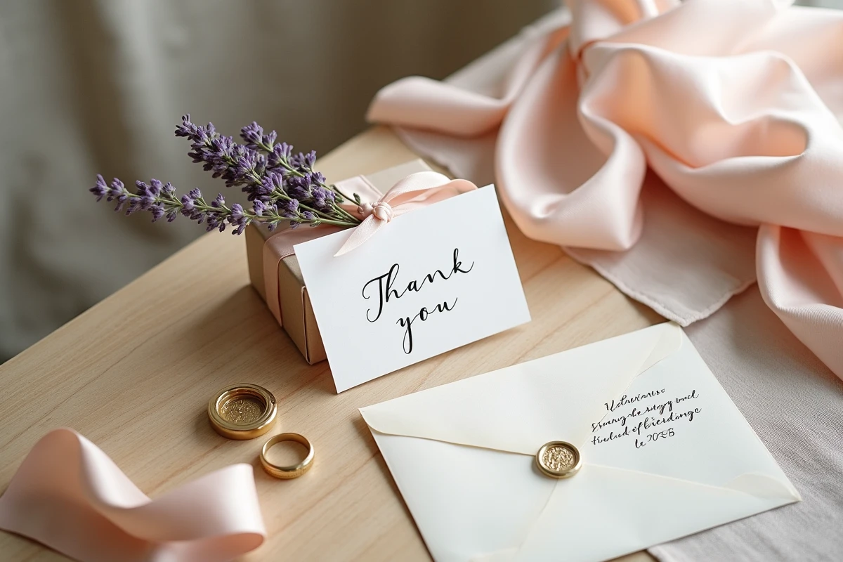 Flat-lay élégant d'une carte de remerciement manuscrite pour mariage avec alliances, ruban satiné et fleurs séchées sur table en bois clair