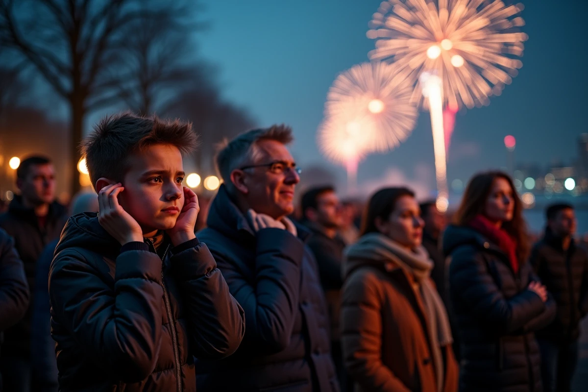 Foule réagissant négativement à un feu d'artifice en ville, personnes se couvrant les oreilles et détournant le regard