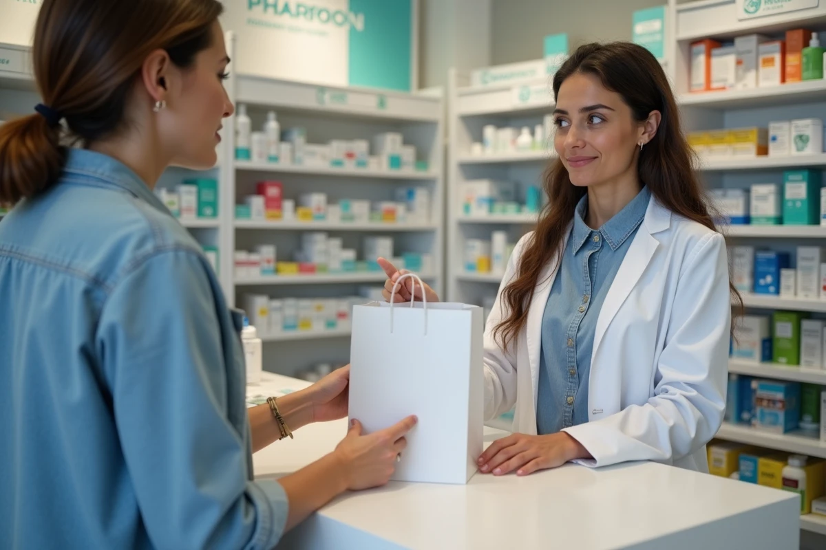 Femme recevant des fournitures d'allaitement gratuites au comptoir d'une pharmacie