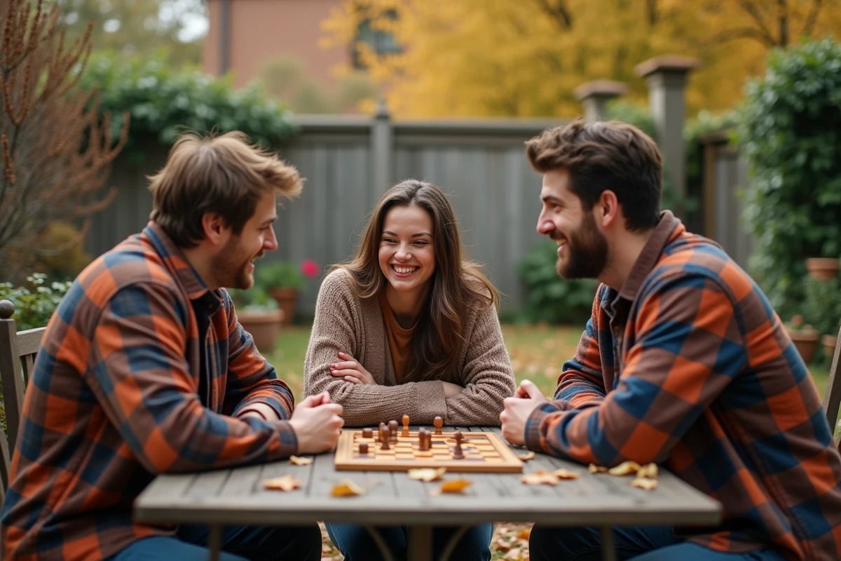 Trois frères et sœurs adultes réunis autour d'une table de jardin en automne pour jouer ensemble