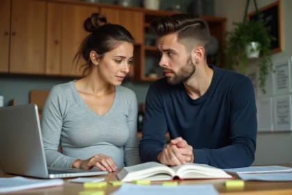 Couple de futurs parents stressés consultant un blog de parentalité sur un ordinateur portable à la table de cuisine entourés de livres sur la grossesse