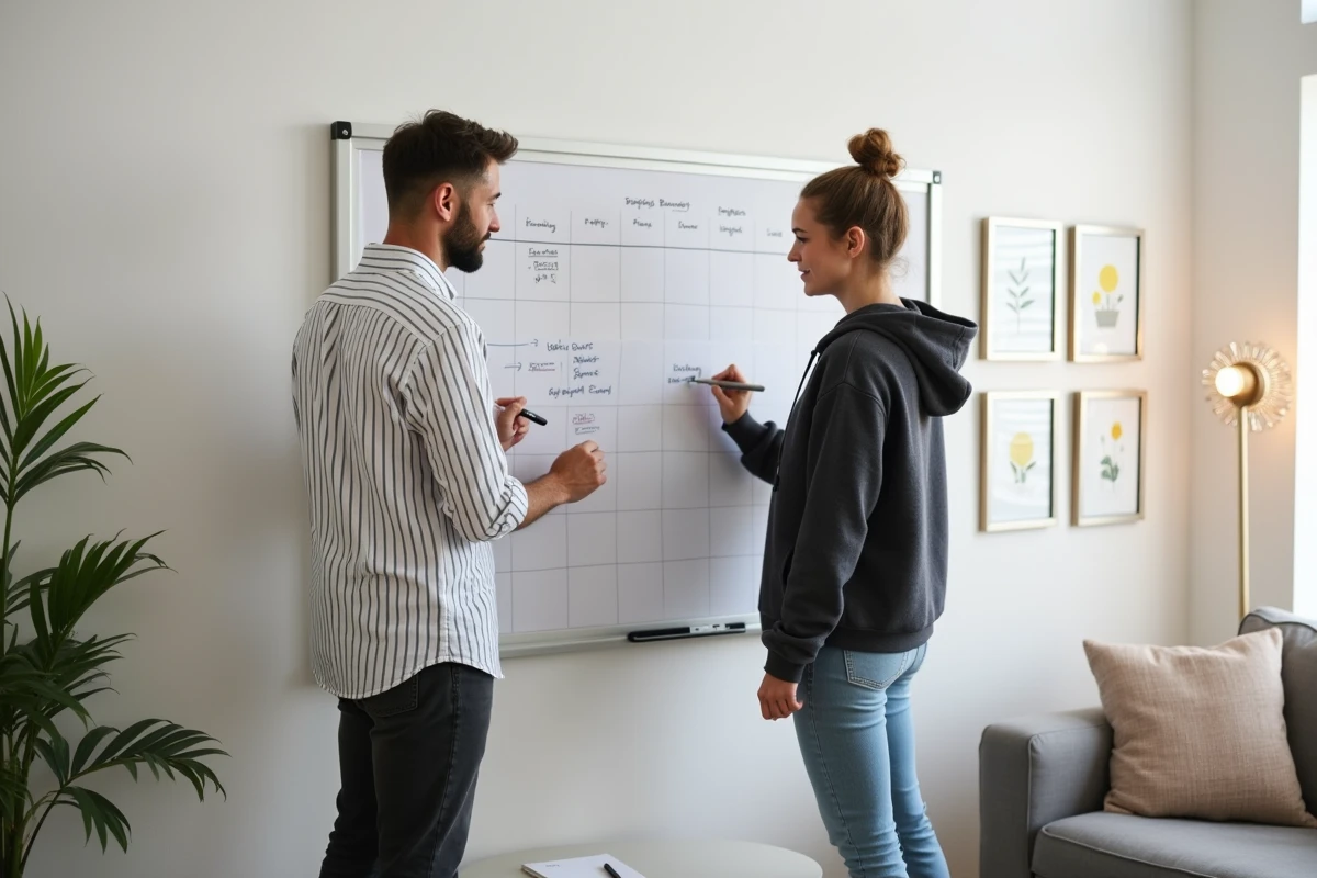 Couple planifiant ensemble leur emploi du temps familial et professionnel sur un tableau blanc