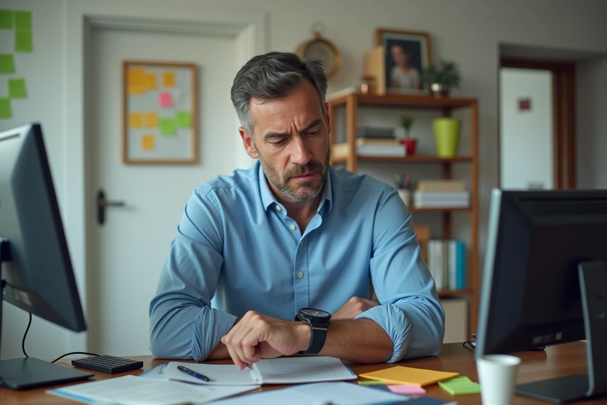 Homme en télétravail vérifiant l'heure dans un bureau à domicile organisé