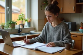 Femme organisant son agenda entre travail et vie domestique dans une cuisine moderne