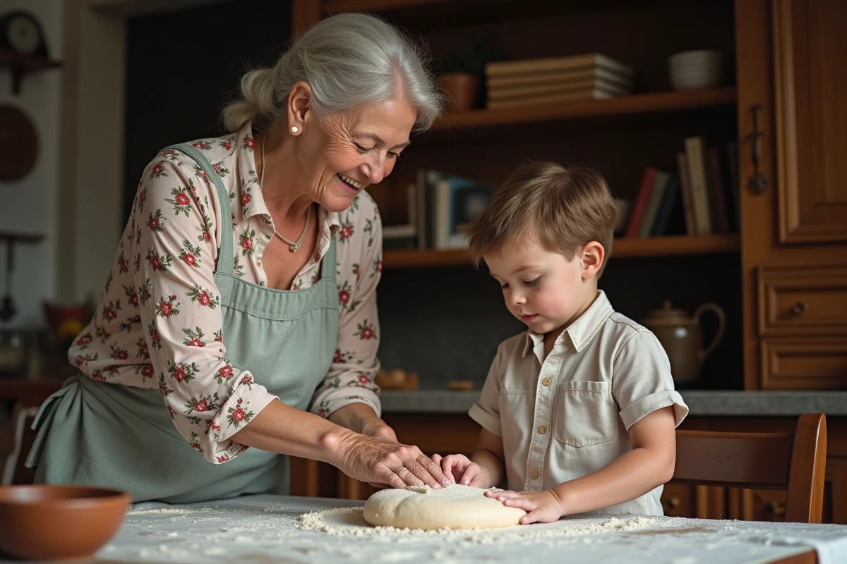 Grand-mère transmettant un savoir-faire culinaire à son petit-fils dans une cuisine traditionnelle, évoquant la transmission intergénérationnelle et les valeurs éducatives familiales