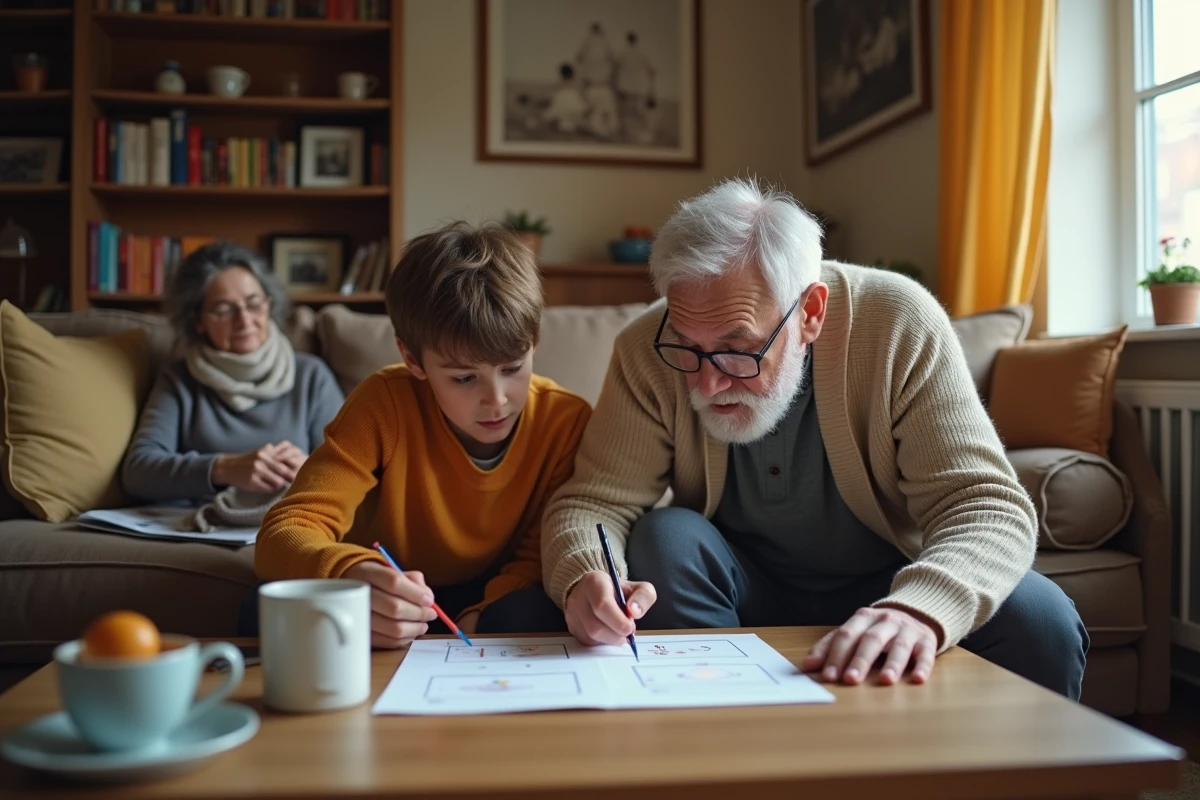 Grand-père et petit-fils travaillant ensemble sur un projet scolaire dans un salon familial