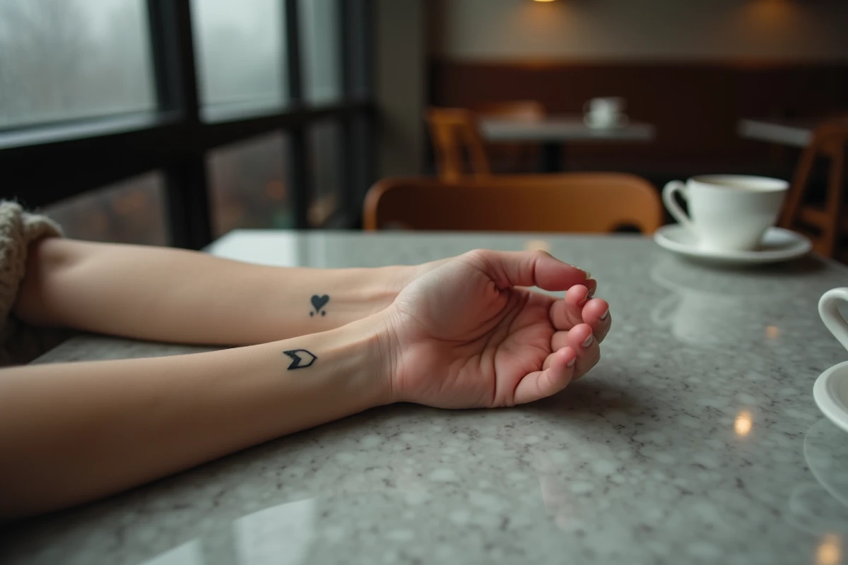 Gros plan de deux avant-bras avec des tatouages identiques en forme de point-virgule et cœur posés sur une table en marbre dans un café