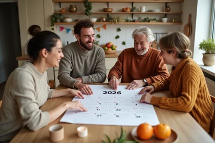 Groupe d'adultes autour d'un calendrier 2026 avec des dates de fêtes surlignées dans une cuisine moderne
