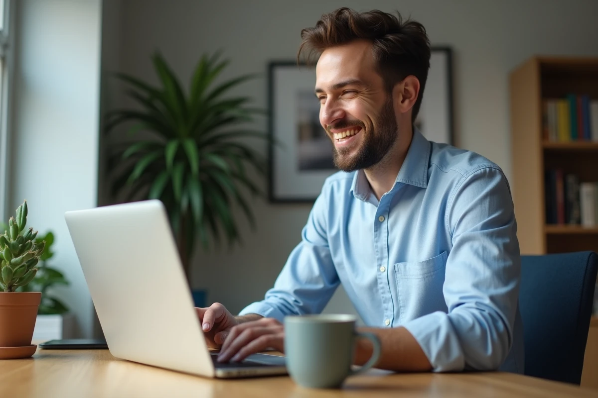 Homme adulte souriant lors d'un appel vidéo avec ses frères et sœurs depuis son bureau à domicile