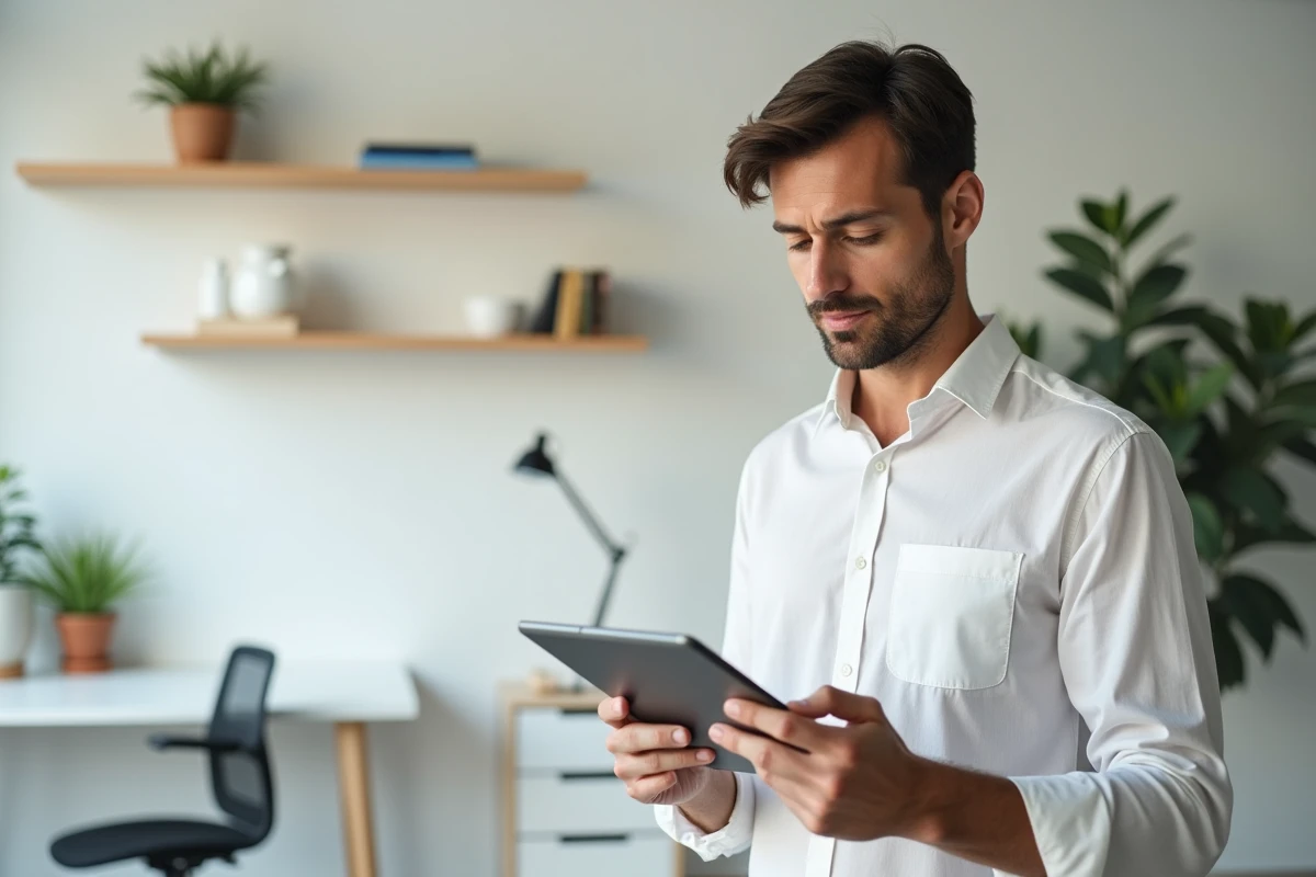 Homme gérant une application de contrôle du temps d'accès à Internet sur une tablette dans un bureau moderne