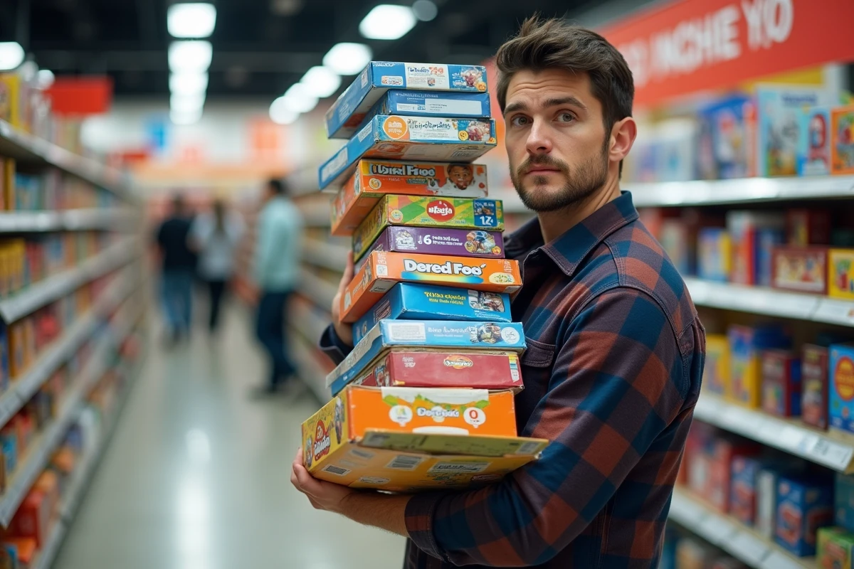 Homme dans un magasin de jouets tenant une pile de jouets en excès, symbolisant le comportement compulsif d'offrir des cadeaux
