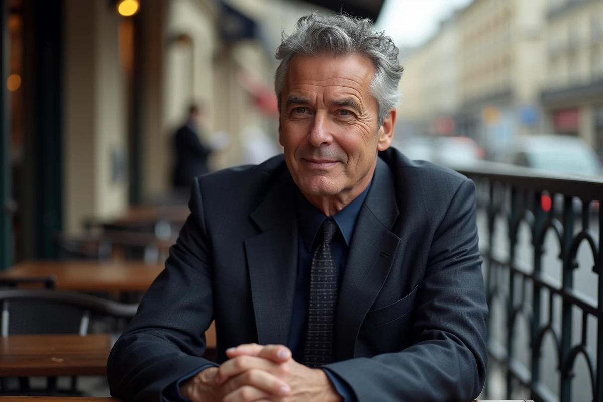 Homme discret et élégant assis en terrasse parisienne, représentant l'homme de l'ombre dans la vie privée d'une célébrité française