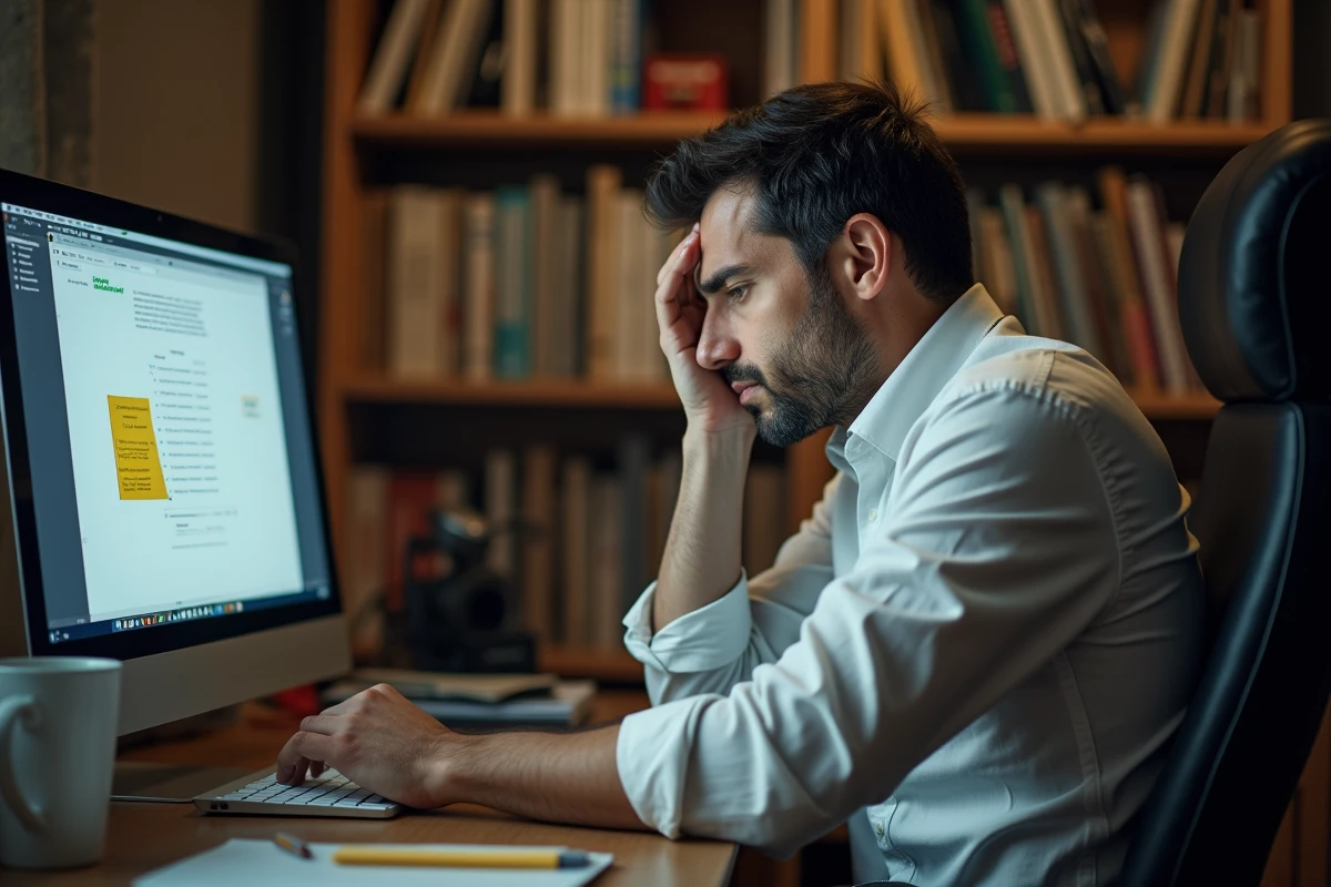 Homme d'une quarantaine d'années épuisé devant son ordinateur, illustrant le stress et la pression de la vie adulte
