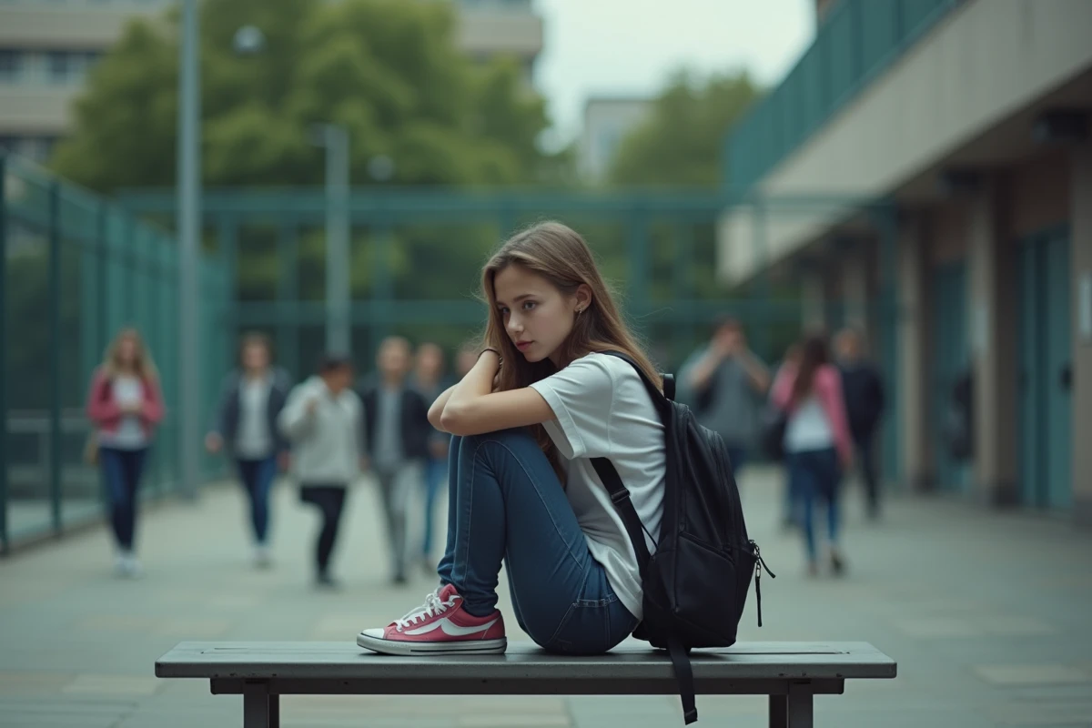 Adolescente isolée dans une cour d'école illustrant les problèmes sociaux d'exclusion et de mal-être chez les jeunes